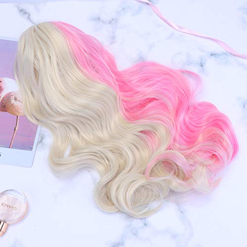 Lurrose Peruca feminina longa encaracolada moda rosa rede Tow cor rosa e branco peruca cosplay para