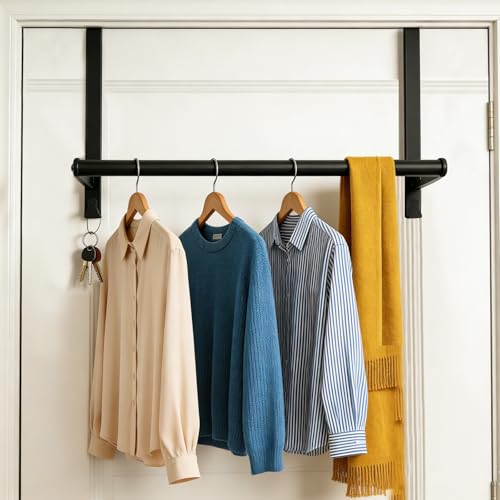 Thrivinest Over The Door Clothes Hanger, Metal Over The Door Rod for Clothes with 2 Hooks, Clothing Hanger Drying Racks for Laundry, Bedroom, Bathroom, Living Room,Office, Fits Door Up to 1.77"