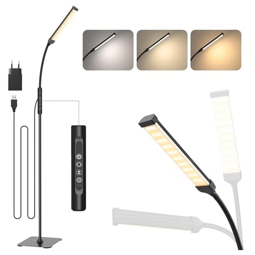 Mojimdo 120 LED Lampadaires, Lampe sur Pied à Commande Tactile [3 modes de couleur et 10 niveaux de luminosité] lampe de lecture à col de cygne pour le salon, la chambre-10W USB Adaptateur Inclus