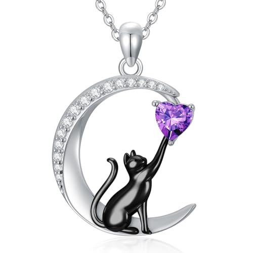 Image of PROESS Black Cat Necklace Sterling Silver 925 February Birthstone Necklace Black Cat Jewelry Gifts for Women Christmas Mothers Day