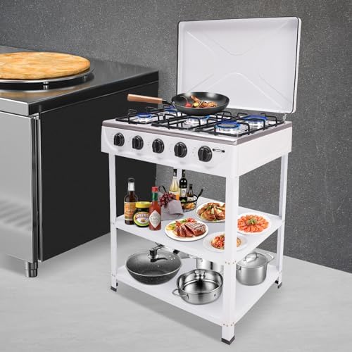 5 Burner Portable Gas Stove with Wind Shield, 2.5KW Natural Gas Cooktop, Ideal for RVs, Apartments & Outdoor Cooking, Includes 2 Storage Shelves for Convenience