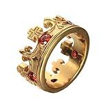 OAKKY Men's Women's Stainless Steel Retro Royal King Crown Red Gemstone Inlaid Domineering Ring (Gold, 6)