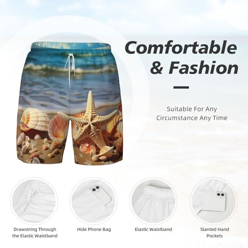 Men's Swim Trunk Quick Dry Swim Shorts with Liner Beach Short Seashells on The Sandy Beach Bathing Suit with Pocket4