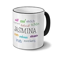 Personalisiert: Tasse Mit Namen Jasmin – Weißer Kaffeebecher Mit Positiven Eigenschaften, 325 Ml, Spülmaschinengeeignet