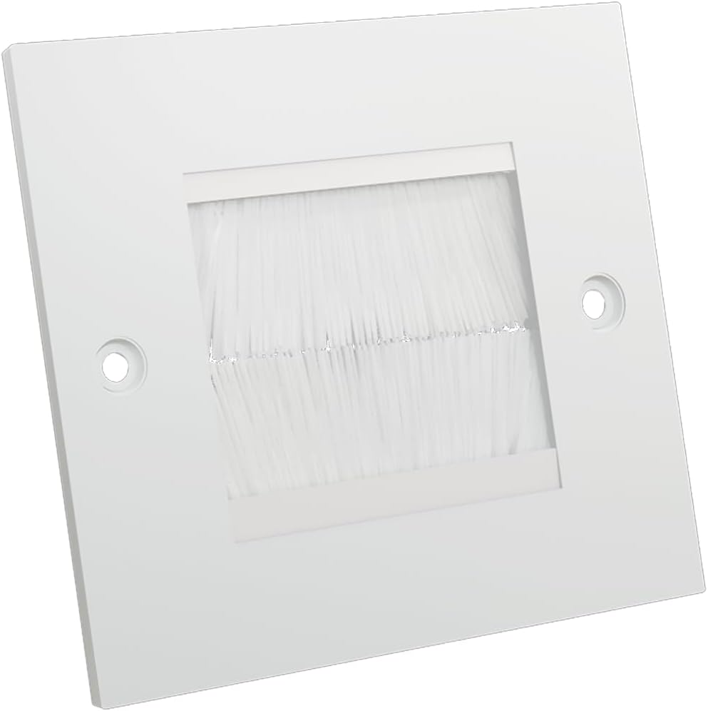 rhinocables White Single Gang Brush Plate | Cable Entry Cover for AV Setups, Soundbars & Monitors | Conceals Pass-Through Leads Behind Screens for a Minimalist, Clutter-Free Look (White Brush, 1 Pack)