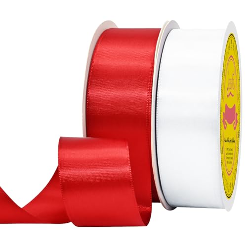 Image of 100 Yards White Red Satin Ribbon Polyester Ribbon for Gift Wrapping Very Suitable for Weddings Party Hair Bow Invitation Decorations and More(1-1 /2 inch X 50Yards X 2 Roll)