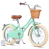 Glerc 16 pollici bambini ragazza bicicletta per 4 5 6 7 8 anni bambina retrò stile vintage biciclette con cestino ruote di allenamento e campana, verde menta