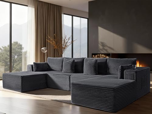 Image of 138 inch Oversized Cloud Sectional Couch, Comfort U Shaped Boneless Couch for Living Room, Extra Deep Seats No Assembly, Modular Sofa, Corduroy (Dark Grey, 3 Seater+Right Facing Chaise+Ottoman)