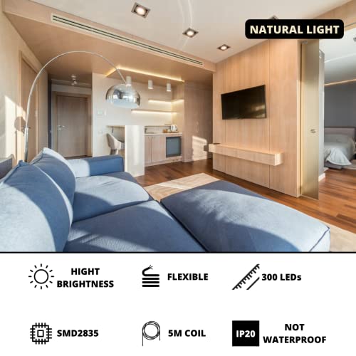 JANDEI 12V LED Strip Lights Natural White 4200K 5M 300LED SMD2835 8MM Wide Cuttable Flexible LED Tape Lights IP20 Indoor Use LED Lighting - Image 3