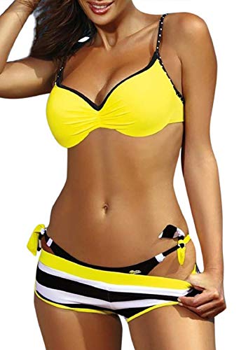Yuson Girl Conjuntos De Bikini Sexy Mujer Trajes De Baño De Tres Dos Piezas Cuello Halter Tirantes con Bañador Natacion Shorts Bano Braga Thong Bikini Talle Alto Bikini Push Up Bra (Amarillo, L) Cover