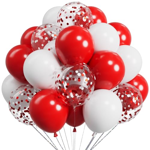 Image of Metallic Red and White Balloons 12Inch 73PCS White Red Confetti Latex Balloons Shiny Helium Balloon Set for Birthday Anniversary Graduation Party Decorations