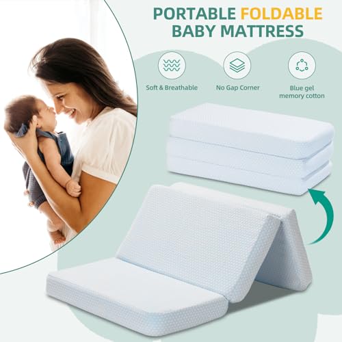 Image of Trifold Pack and Play Mattress,38 inchx26 inch Double-Layer Breathable Memory Foam | Portable, Carry Bag Included, Removable Cover,Breathable,Soft,Skin Friendly Fabric,Machine-Washable,Pack n Play Mattress
