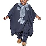 HD African Attire for Boys Traditional Embroidery Blue Agbada Boubou Canftan Pants Set 2XL