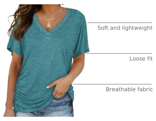 Image of WIHOLL Womens Summer T-Shirts Short Sleeve V Neck Dolman Tops with Side Shirring Loose Fit Shirts Spring Fashion