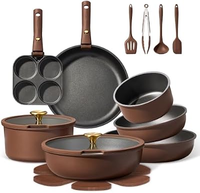 CAROTE 21pcs Pots and Pans Set, Nonstick Cookware Set Detachable Handle, Induction Kitchen Cookware Sets Non Stick with Removable Handle, RV Cookware Set, Oven Safe, Brown