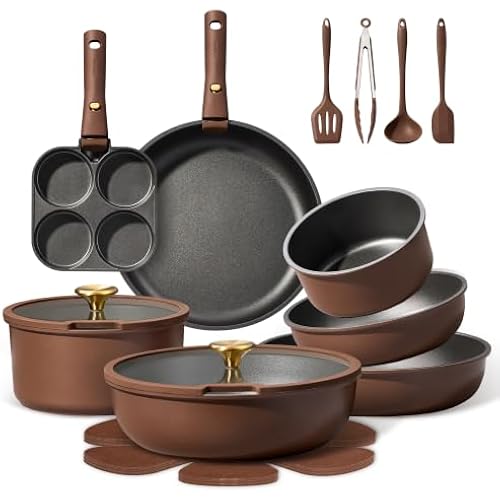 CAROTE 21pcs Pots and Pans Set, Nonstick Cookware Set Detachable Handle, Induction Kitchen Cookware Sets Non Stick with Removable Handle, RV Cookware Set, Oven Safe, Brown