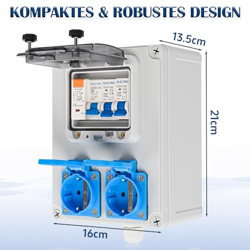 Warmfay Baustromverteiler Vorverkabelt Stromverteiler, 2x 230V Schuko Steckdosen, Wandverteiler mit 1x FI-Schalter 25A + 2x LS Schalter 16A 1P, IP67 Wasserdicht Gehäuse für Innen und Außen