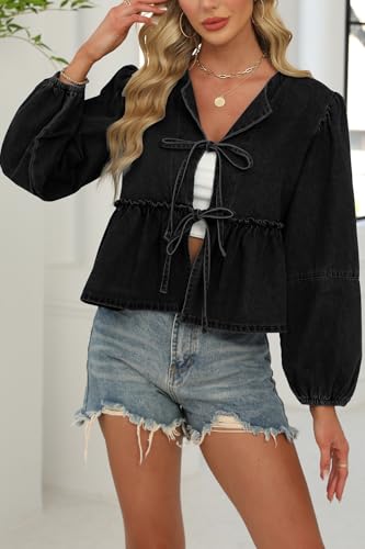 D-Sun Women Fall Peplum Babydoll Denim Shirt Tie Front Long Puff Sleeves Jean Blouse Y2K Cropped Bow Open Front Top2