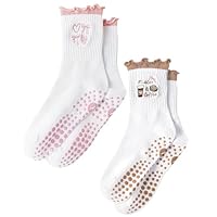 Cute Pilates Grip Socks for Women Ruffle Frilly Yoga Socks Non Slip Cotton Crew Grippy Sock for Barre Workout (CA/US, Alpha, One Size, Regular, Regular, 2 Pack-pink & brown)