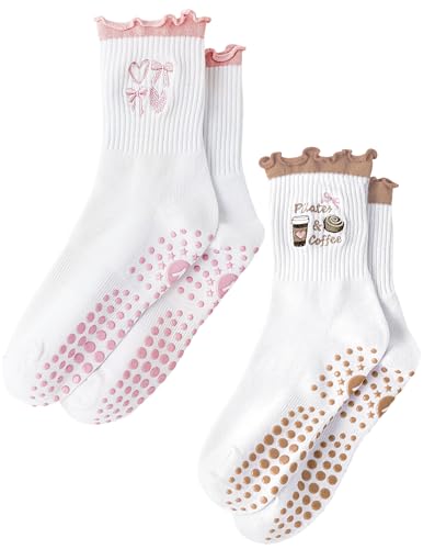 Image of Yawlsow Cute Pilates Grip Socks for Women Ruffle Frilly Yoga Socks Non Slip Cotton Crew Grippy Sock for Barre Workout