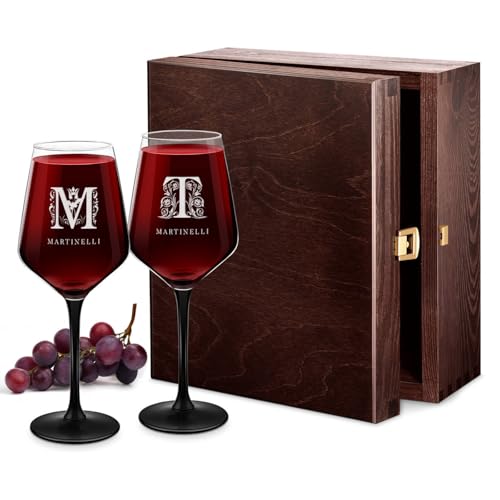 Maverton 2 Calici da vino Rubino - incisione personalizzata - 300 ml - con gambo nero - pensiero speciale per nozze - adatti per vino secco e dolce - unici per coppia - regalo di Natale - art decò