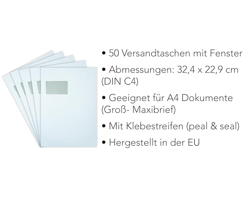 50x Versandtaschen DIN C4 A4 weiß peal&seal Klebestreifen mit Fenster 324x229mm 100g/m2 (mit Fenster)