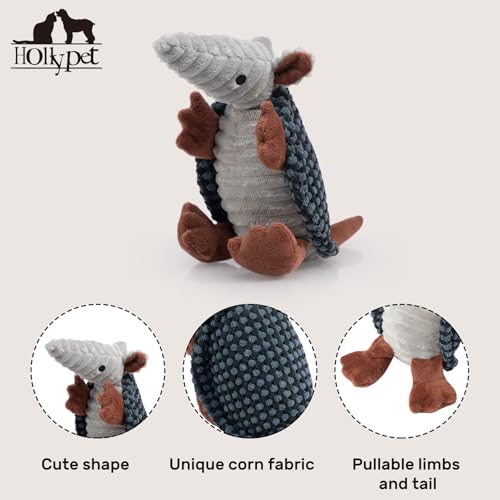 Image of Hollypet Plush Dog Squeaky Toy Stuffed Armadillo Animal Pet Puppy Chew Toys with Clean Teeth for Small Medium Large All Breed Sizes Dogs, Dark Gray and Light Gray,8 in