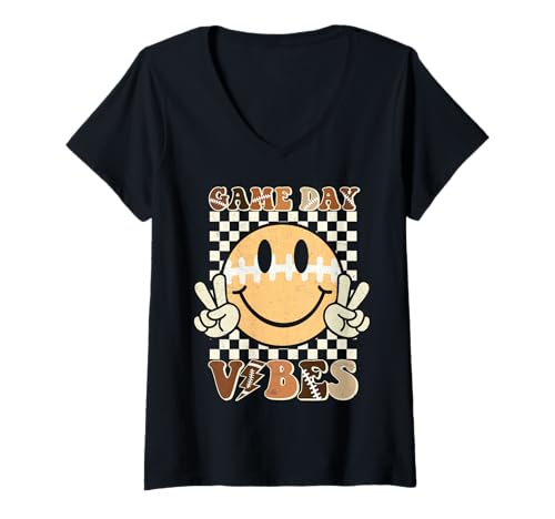 Femme Funny Face American Football Game Day Vibes Sport Femme Fille T-Shirt avec Col en V