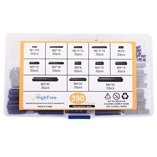 Highfree 390 Pieces Slotted Spring Steel Pins, Steel Split Spring Dowel Tension Roll Pins Assortment Set,M1.5 M2 M2.5 M3 M4 M5 M6, 13 Types #TOP6