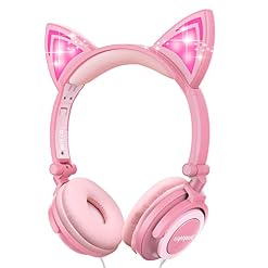 Isightguard Casque filaire pour enfant avec LED pour fille, prise audio 3,5 mm pour téléphone portable, rose - Les Beatles, Paul McCartney, John Lennon, RIngo Starr, George Harrison