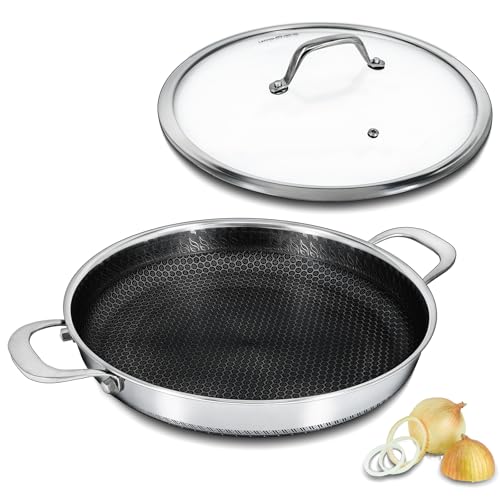 Bakoniion Hybrid Non-Stick Frying Pan with Lid, 12 inches, Stainless Steel Paella Pan with Two Handles, Multifunctional Pan, Dishwasher and Oven Safe