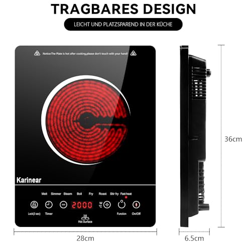 Karinear Glaskeramik Kochfeld 1 Platte Tragbar, 650 °C Max, Keramik Kochfeld Kochplatte 1er Freistehend, 2000W, Herdplatte 1 Kochfelder mit Stecker, Timer, Kindersicherung, Restwärmeanzeige, 220-240V