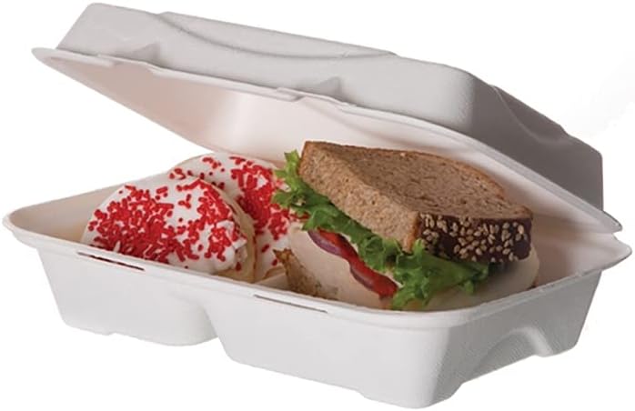 Eco-Product EP-B002 Plant Based Plastic 2 Compartment Renewable and Compostable Sugarcane Clamshell, 9" Length x 6" Width x 2-1/2" Height (Case of 2, 125 Per Pack)