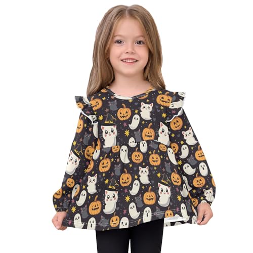 Halloween Pumpkin Specter Cat Girls Shirts Cotton Long Sleeve Ruffle Toddler Tee Tops3