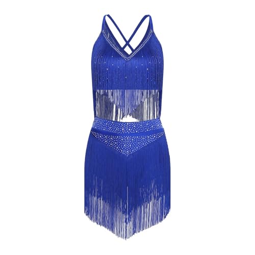 Costume danse latine à franges fluides avec dos entrecroisé et jupe à niveaux