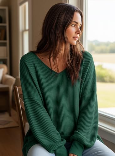 Image of Dokotoo Womens Waffle Knit Tops Trendy Fashion 2026 Oversized T Shirts | Lightweight,V Neck,Casual,Batwing Sleeve,Loose Fit,Irregular Hem,Boyfriend Style,Oversized,Fall Outfits