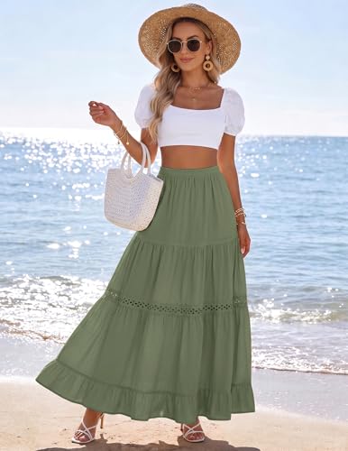 Zelroxa Long Cotton Skirts for Women Summer Boho Maxi Flowy Lace Crochet A Line Tiered Pleated High Waisted Beach Vacation Midi Linen Skirts 2026 Trendy Clothes Outfits ArmyGreen — view 5