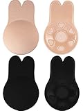 2 Pairs Women Lift Nipplecovers Rabbit Strapless Backless Bra, Self Adhesive Silicone Invisible Bra, Black and Flesh (L)
