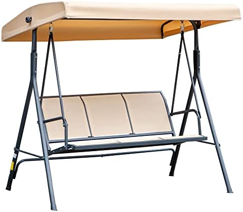 Outsunny 3 Seater Swing Chair Garden Swing Seat Outdoor Hammock w/ Canopy Steel Frame - Beige