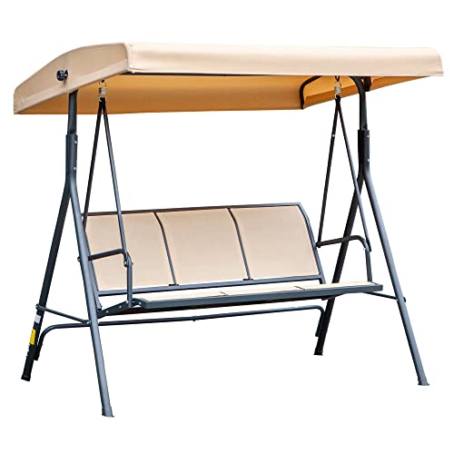 Outsunny Balancelle de Jardin 3 Places Grand Confort Toit Inclinaison réglable Assise et Dossier Ergonomique Acier époxy textilène Beige
