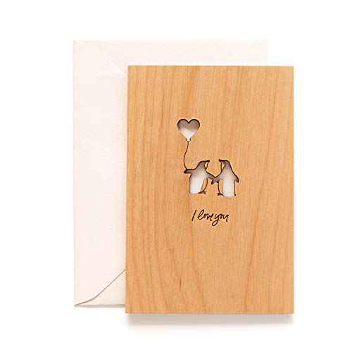 Penguin Love Wood Wedding Anniversary Card for Wife Husband [Personalized Birthday Penguin...