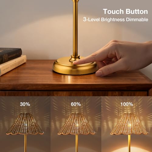 Folux 20.5'' Tall Cordless Boho Rattan Table lamp, 5200-mAh Rechargeable Battery, 3-Level Brightness Dimmable, Build-in LED 320 Lumen Max, for Bedside Restaurant Resort Hotel Dining Table by Folux - Used condition - Image 6