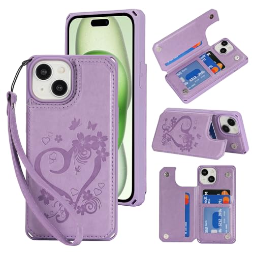 iCoverCase Compatible with iPhone 15 Plus Wallet Phone Case with Card Holder for Women, RFID Blocking Embossed PU Leather Card Slots Wrist Strap Case (Heart Purple)