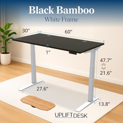 Image of UPLIFTDESK Black Bamboo (60 x 30 inch) Standing Desk 2-Leg V3 Adjustable Stand Up C-Frame (White), Advanced Keypad, Wire Grommets, Wire Tray, Rocker Board