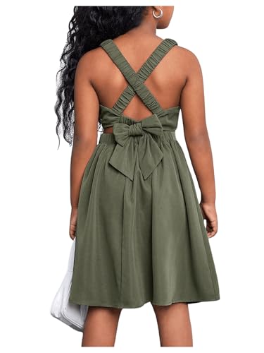 OYOANGLE Girl's Cute Bow Criss Cross Strap Cami Dress Square Neck Sleeveless Midi Dresses