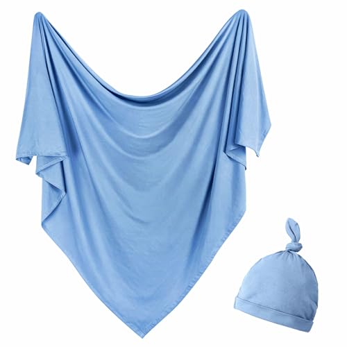 Image of Aijoviko Newborn Swaddle Blanket with Hat Set Baby Swaddle Set Hospital Receiving Blankets for Girls Boys(Steel Blue,45"*45")