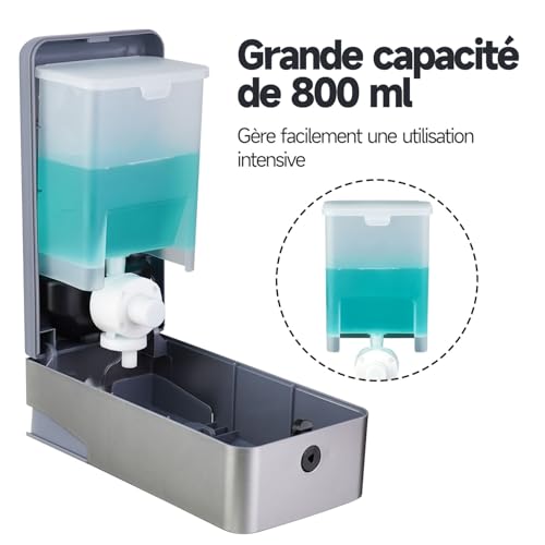 Distributeur Savon Mural 800ml Sans Perçage Argenté Aiyouwei