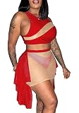 Womens Sexy 3 Piece Bikini Swimsuit Mesh See Through Top Skirt Set Summer Beach Bathing Suit Red
