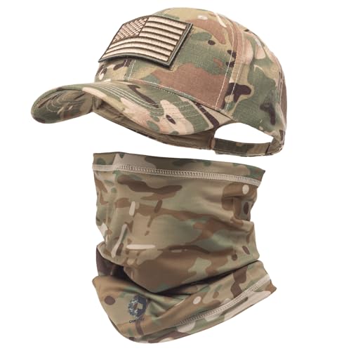 CAMOTER Camo Hat Baseball Cap Camo Face Mask Neck Gaiter with American Flag Patch for Men/Women Outdoors Tactical Military (US, Alpha, One Size, Camo CP All)