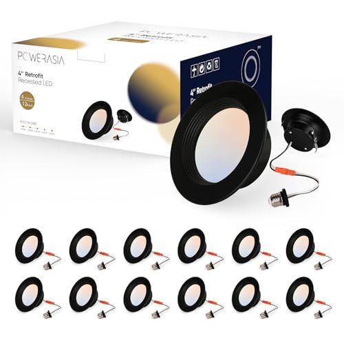 12 Pack 4 Inch Black LED Can Lights Retrofit Recessed Lighting, 5CCT 4 Inch Recessed lights Selectable 2700K-6000K Dimmable, 9W 630LM Recessed Lights with Metal Smooth Trim- ETL and Energy Star by POWERASIA - Used condition - US$39.96